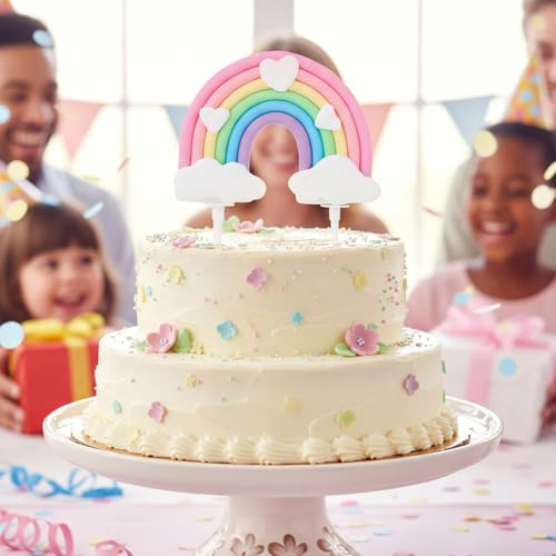 Pastel Rainbow Cake Topper for Birthday Parties - Soft Pottery Decoration