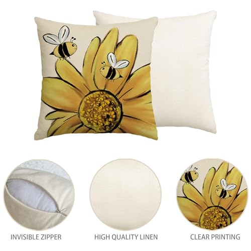 Decorative Bee & Sunflower Pillow Covers - Set of 4, 18x18 Inch