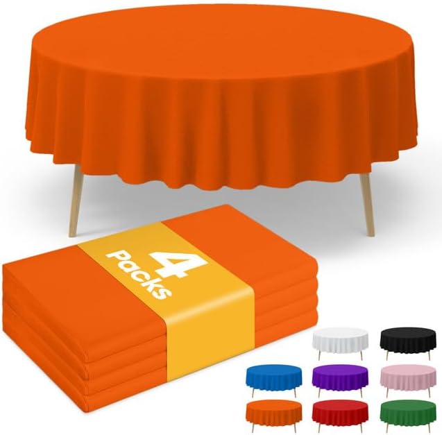 Niuara Orange Plastic Tablecloths - 84" Round Disposable Covers for Holiday Parties | 4 Pack