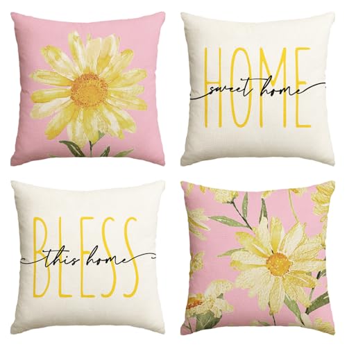 AVOIN Home Sweet Home Floral Throw Pillow Covers, Pink & White, 18x18, Set of 4