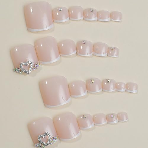 French Tip Press on Toenails White Square Acrylic Toe Nails with Rhinestone