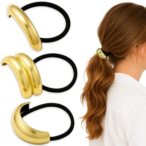 3PCS Gold Metal Hair Bands - Geometric Ponytail Cuffs for Thick Hair