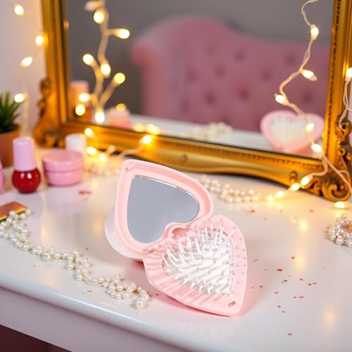 Heart Shape Folding Hair Brush with Mirror Compact Travel Pink