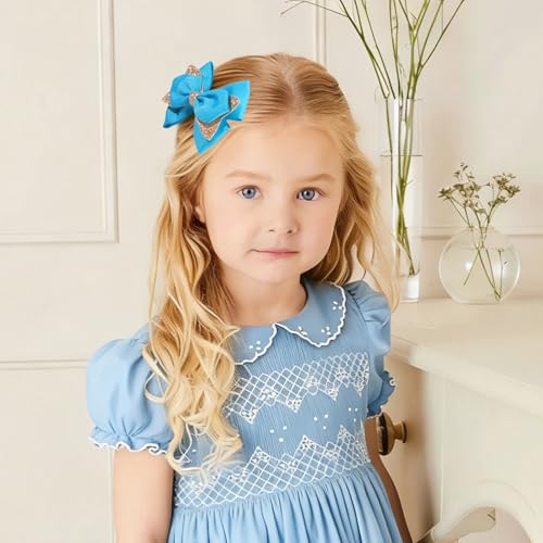NCMAMA 4-Inch Sparkly Glitter Sky Blue Hair Bow Clips for Girls