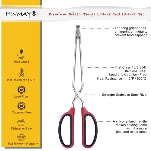HINMAY Stainless Steel Scissor Tongs Set - 11 & 13 Inch