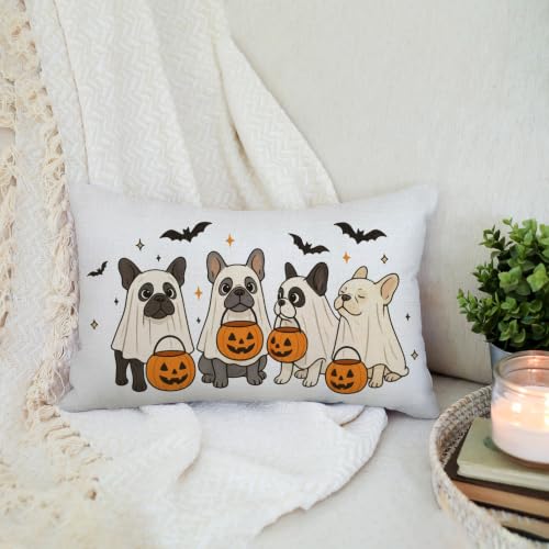 Halloween Pillow Cover 12x20 Inch Beige French Bulldogs with Ghosts