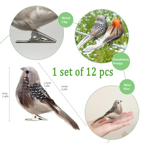 12pcs Artificial Birds Clip-On Decor for Christmas Tree Garden Wreaths and Patio