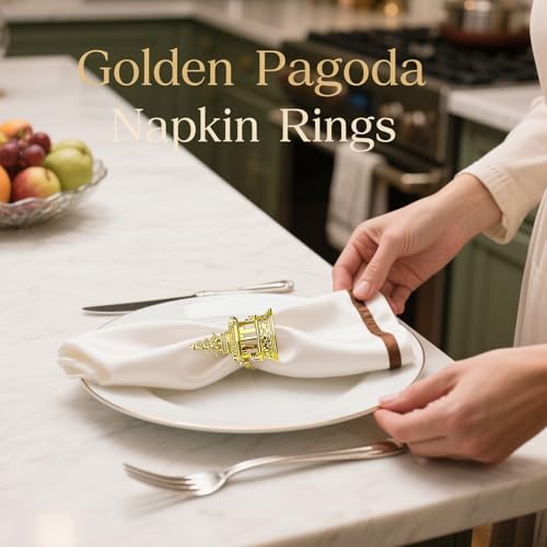 Gold Chinoiserie Pagoda Napkin Rings Set of 12 - Asian Tower Table Decor