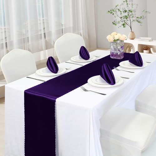 Purple Satin Table Runners 12x72 Inch - 2 Pack with Scalloped Edge