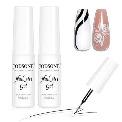 JODSONE Nail Art Gel Liner Set 2 Colors Black and White with Built-in Brush