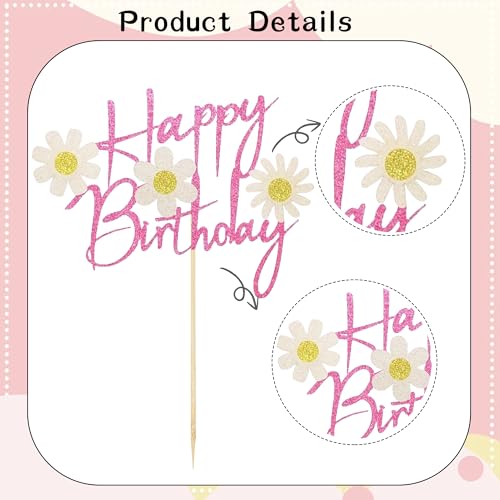 Pink Glitter Daisy Birthday Cake Topper - Happy Birthday Decoration