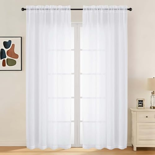 LIVEKID White Sheer Curtains - 84-Inch Long Rod Pocket Voile Drapes (2 Panels)