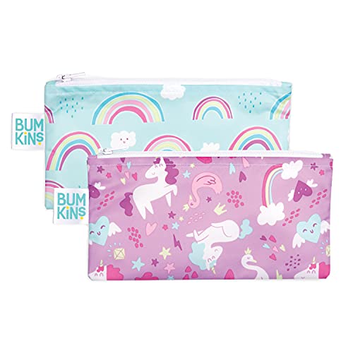 Bumkins Reusable Snack Bags - Small, Waterproof Fabric - Unicorns & Rainbows
