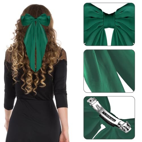 WLLHYF Satin Silky Long Tail Hair Bow Barrette Metal Hair Clip Green