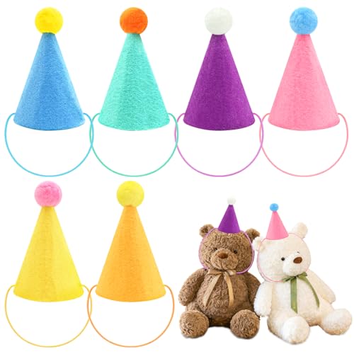 Mini Party Hats for Stuffed Animals & Pets - 6 Pack, Birthday Accessories