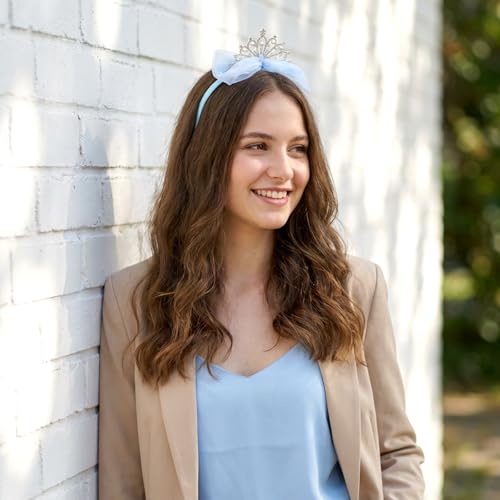 Blue Rhinestone Crown Headband with Tulle Bow for Women Birthday Parties