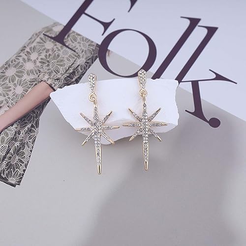 Sttiafay Vintage Crystal Northstar Dangle Earrings Gold CZ Star Drop Earrings