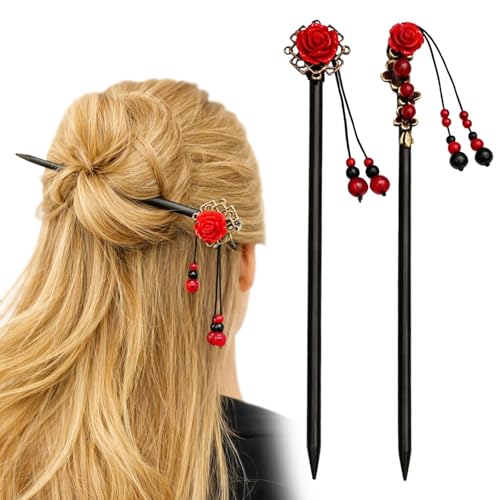 Wooden Hair Sticks 2-Piece Set - Retro Floral Bead Hairpins for Women