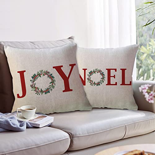 Christmas Decorative Throw Pillow Covers 18x18 Inches Set of 2 - Red Joy Noel Holiday Farmhouse Winter Decor