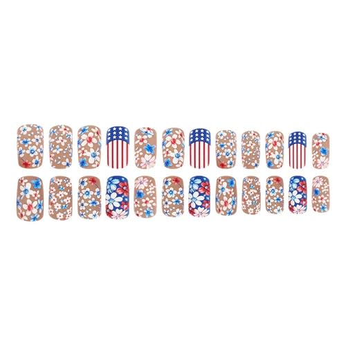 Blue White Flower Press on Nails Medium Square Acrylic False Nails