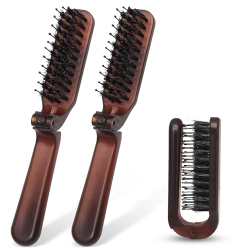 Qjaiune 2 Pack Foldable Boar Bristle Hair Brush, Pocket Size Anti-Static
