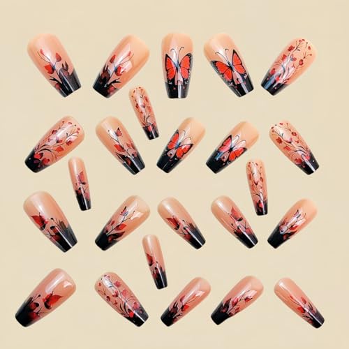 Red Butterfly Floral Press on Nails Medium Coffin French Tip Acrylic False Nails