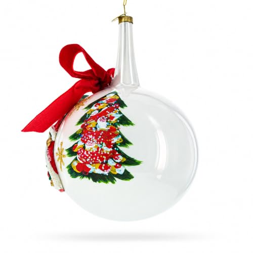 Large Santa, Tree & Red Bow Christmas Ornament - Handcrafted Glass Ball