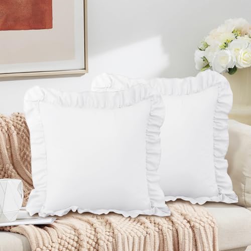 Horbaunal 2-Pack White Ruffle Throw Pillow Covers, 20" x 20" Square Shams
