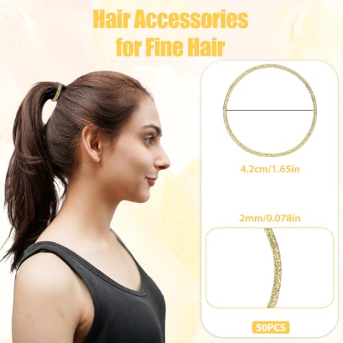 50 Pcs Gold Hair Ties - Thin Elastic Shimmer Ponytail Holder Bands