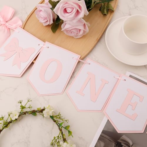 BOXOB Pink Bow One High Chair Banner - Pre-Strung First Birthday Party Decoration
