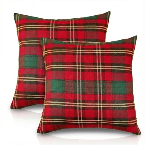 Christmas Plaid Pillow Covers 18x18 Inch Set of 2 - Vintage Tartan