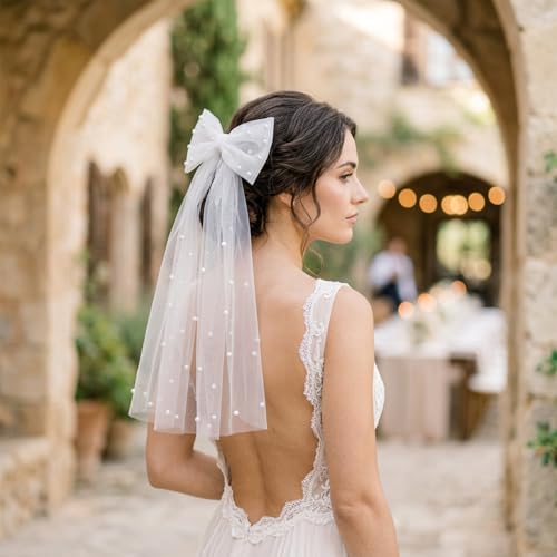 Bridal Tulle Pearl Bow Hair Clip White Veil for Bachelorette Party