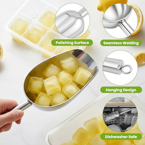 Wapodeai 6oz Stainless Steel Ice Scoop with Magnetic Hook for Kitchen