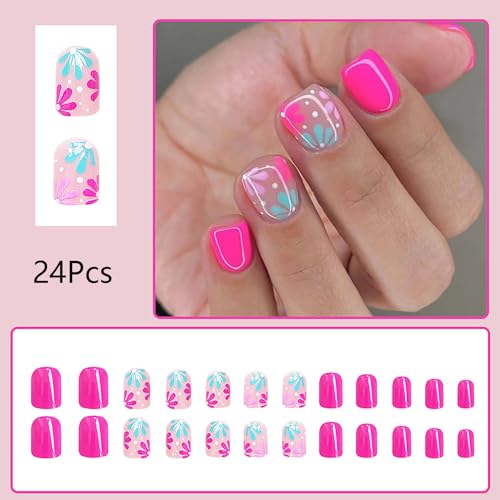 Pink Square Press on Nails with Cute Floral Design, 24Pcs Short Reusable