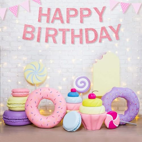 Pink Happy Birthday Banner with Ribbon - Glitter Party Decoration