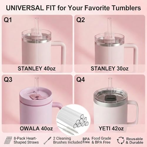 Heart Shaped Straws for Stanley Cup 40 oz Tumbler - 8 Pack Reusable Tritan Straws with Brushes