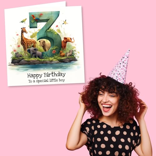 Jungle Animals Birthday Card for 3-Year-Old Boy - UK Design