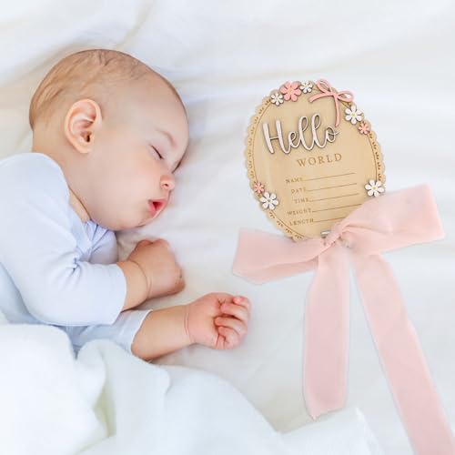 Wooden Baby Announcement Sign with Stand, Hello World Newborn Photo Prop