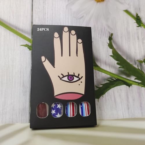 Short Press on Nails Independence Day Square Glossy Red Blue Acrylic