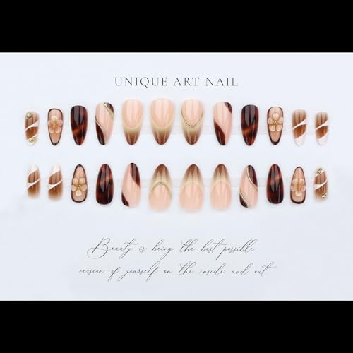 Long Almond Press on Nails Luxury False Nails with Floral Design & Gold Accents 24pcs