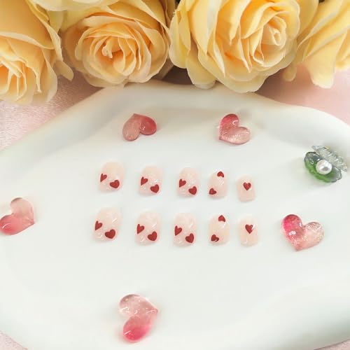 Valentine's Day Short Square Press On Nails with Red Heart Design