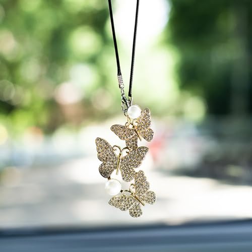 Bling Butterfly Car Rear View Mirror Charm - White Rhinestone Pendant