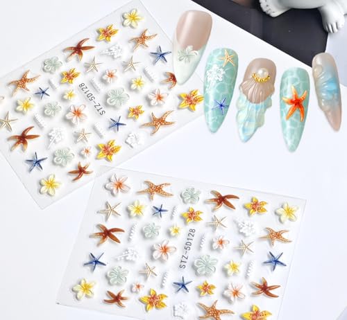 5D Embossed Ocean Nail Art Stickers - Summer Marine Starfish & Flowers