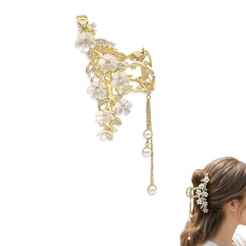 Gold Flower Hair Claw Clip with Pearl Tassel and Rhinestones for Thick Hair