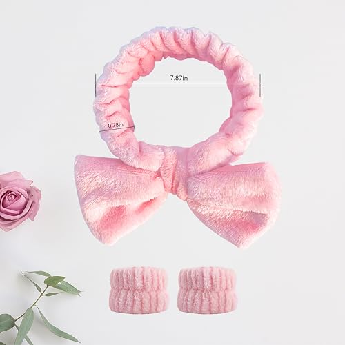 JYOUX 3PCS Fluffy Bow Spa Headband and Absorbent Wrist Strap Set