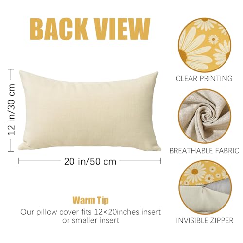 Fahrendom Daisy Flower Lumbar Pillow Cover 12x20 - Yellow Cotton Linen