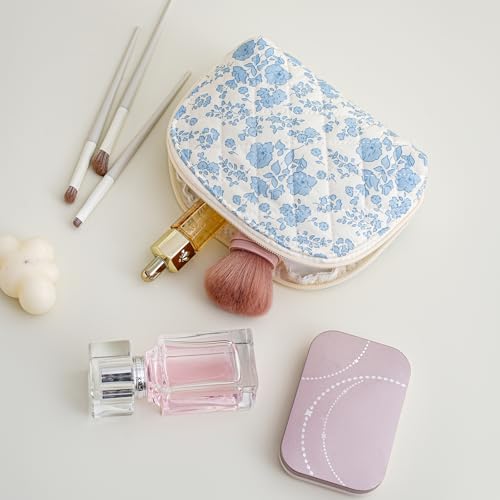 JOVAKIT Quilted Conch Makeup Bag - Blue Floral Travel Toiletry Pouch