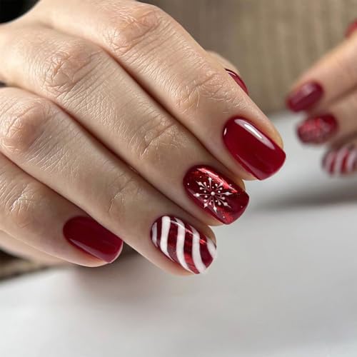 Christmas Red Short Square Press on Nails Winter Fake Nails 24 Pcs