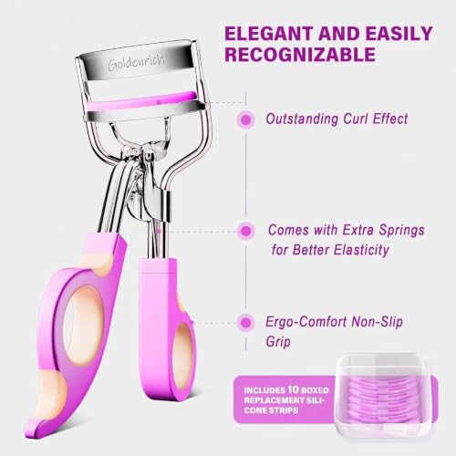 Goldenrich Ergonomic Eyelash Curler with 10 Replacement Pads & Charm