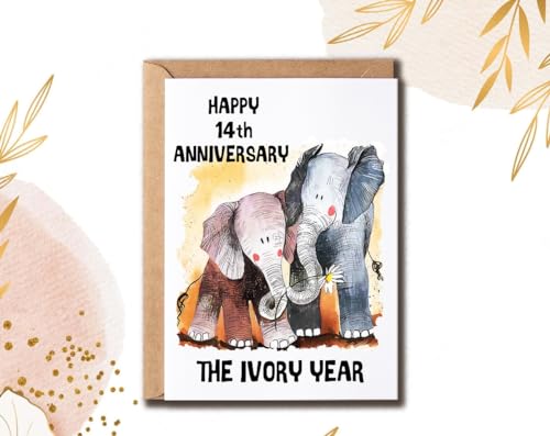 Happy 14th Anniversary Card - Elephants Design, 5x7 inches